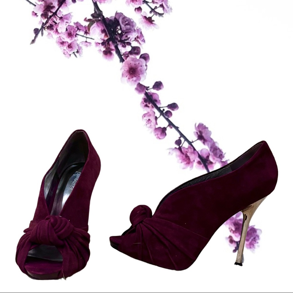 Sexy silhouette burgundy maroon knotted open toe pumps stiletto heels - Picture 2 of 6